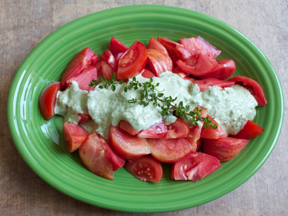 Fresh tomatoes with Lemon Thyme Pesto