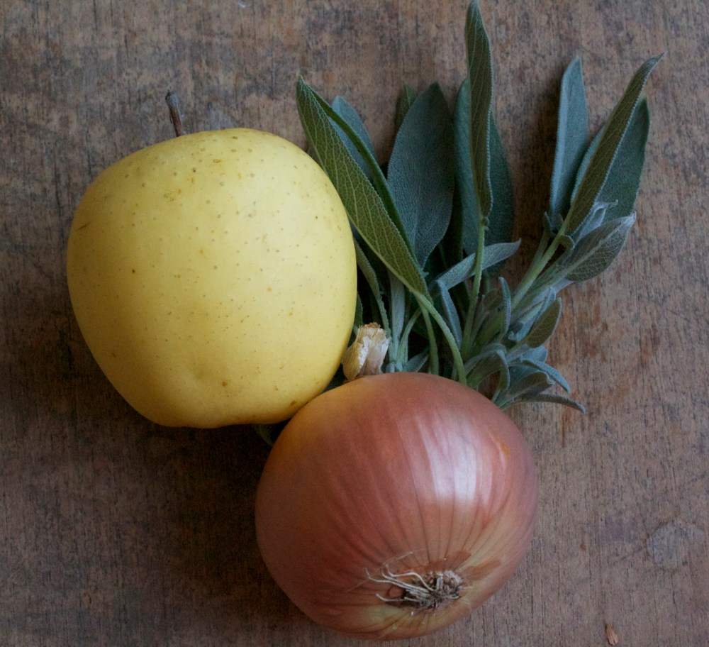 golden delicious apple, fresh sage, yellow onion