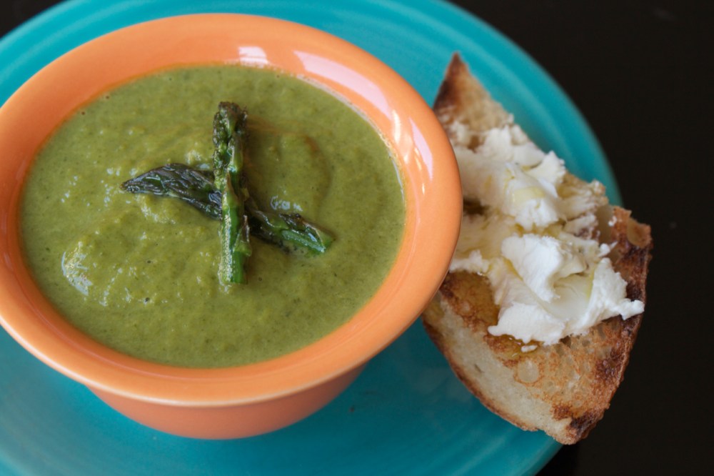 Asparagus Arugula Soup with chevre toast