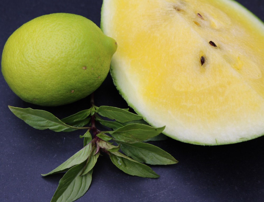 lime, yellow watermelon, and thai basil