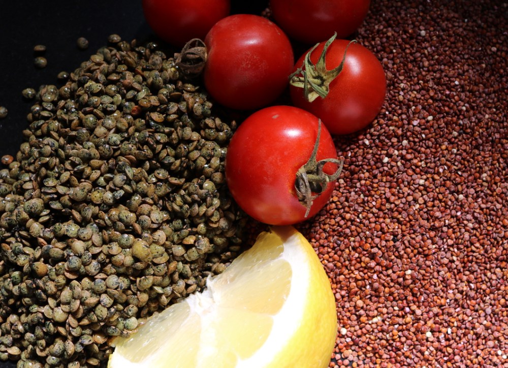 french green lentils, tomatoes, red quinoa, and lemon